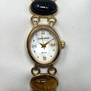 Vtg Jones Wear Scarab Watch Women 18mm Gold Tone Gemstone MOP New Battery 6.5"